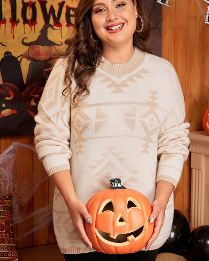 Apricot Plus Size Western Aztec Print Loose Sweater