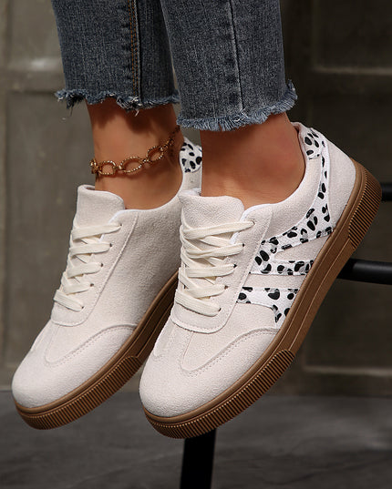 White Suede Leopard Color Block Trim Lace-up Casual Shoes