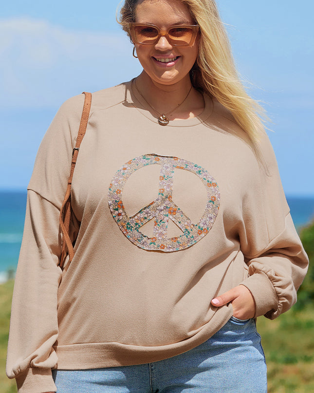 Pale Khaki Floral Peace Sign Graphic Washed Terry Plus Size Sweatshirt