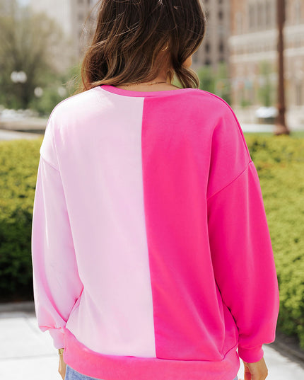 Pink Color Block Sequined Cowgirl Boots Graphic Sweatshirt