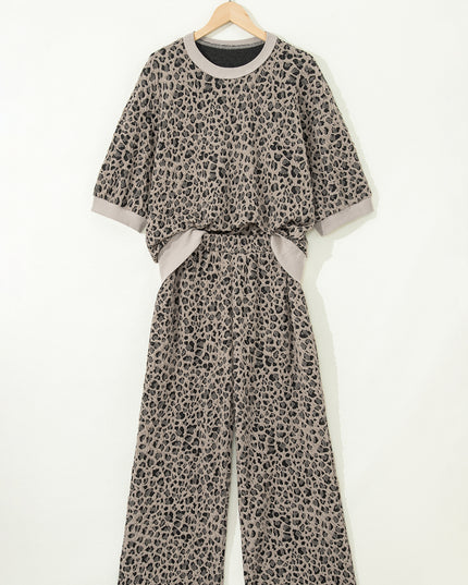 Khaki Jacquard Leopard Half Sleeve Jumper Wide Leg Pant Set