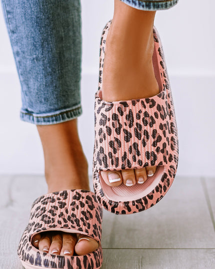 Pink Leopard Print Thick Sole Slip On Slippers