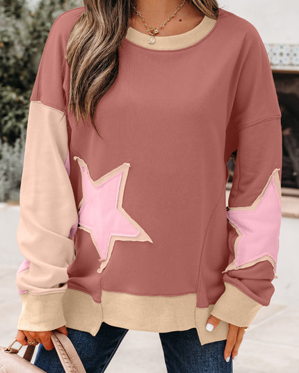 Rose Pink Contrast Star Patchwork Exposed Seam Uneven Hem Drop Shoulder Sweatshirt
