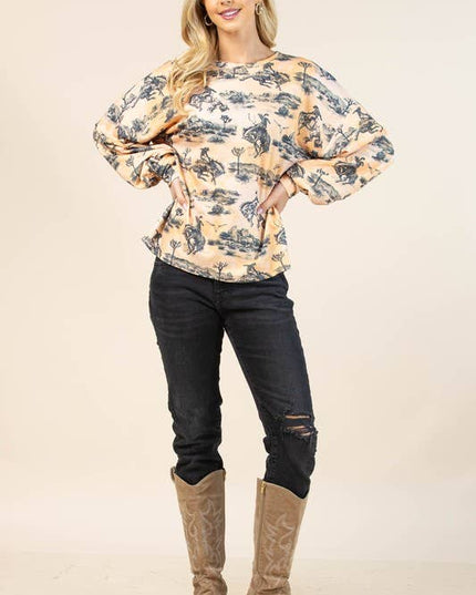AV1171-JADEN WESTERN BUCKING HORSES PRINT SWEATSHIRT