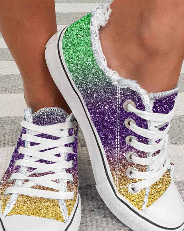 Multicolor Shiny Gradient Raw Hem Lace-up Flat Canvas Shoes