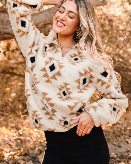 Khaki Aztec Print Sherpa Quarter Zip Collar Sweatshirt