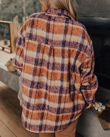 Multicolour Plus Size Plaid Print Collared Button up Jacket