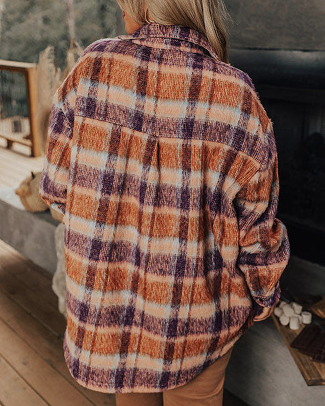 Multicolour Plus Size Plaid Print Collared Button up Jacket