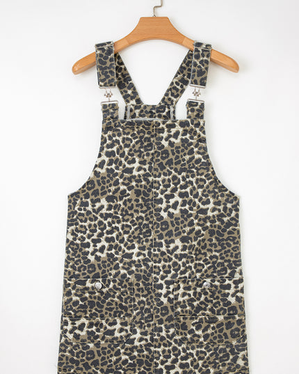 Gray Leopard Print Pocketed Loose Fit Denim Overall Dress