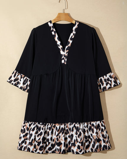 Black Plus Size Leopard Patchwork V Neck 3/4 Sleeve Ruffle Hem Mini Dress