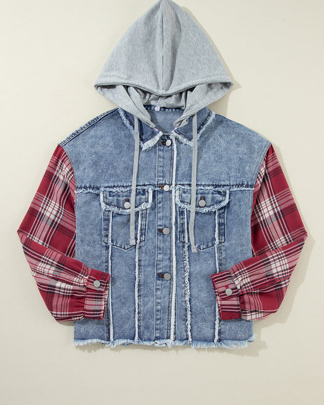Beau Blue Plaid Print Patchwork Hooded Raw Hem Denim Jacket
