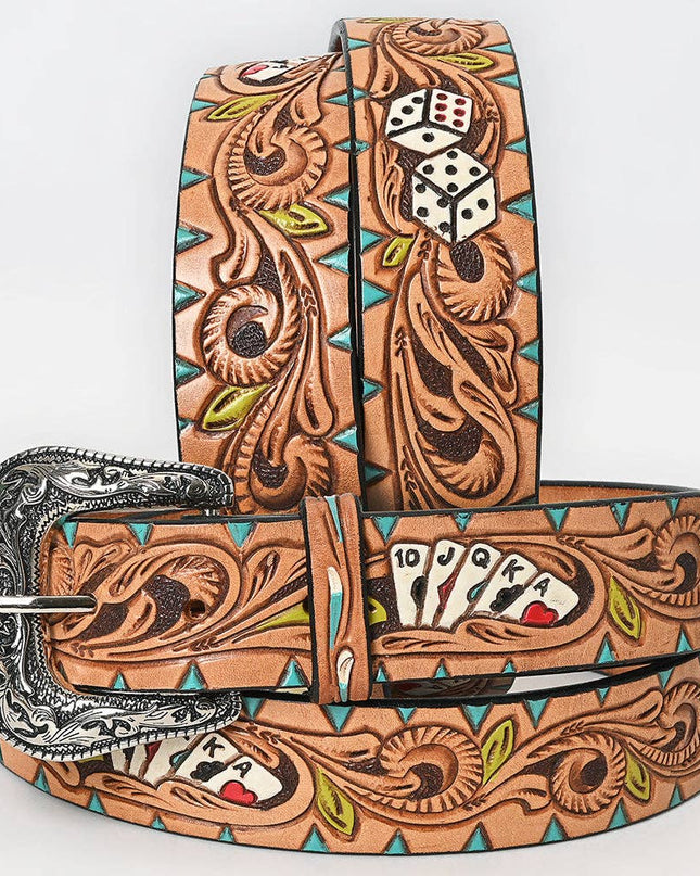 LC-ADBLF149 Tooled Leather Western Belt - Poker & Dice Motif with Turquoise Accents