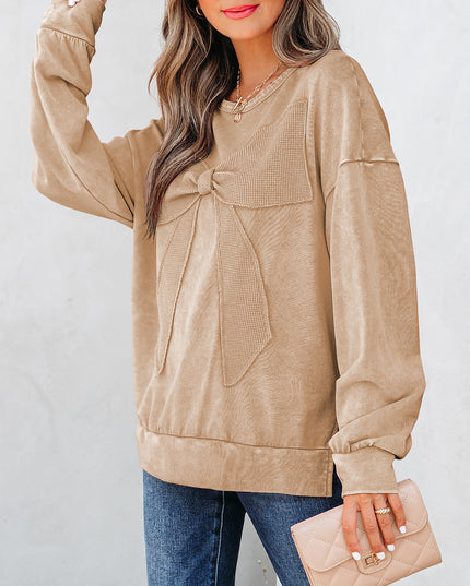 Light French Beige Mineral Wash Big Bow Patchwork Pullover Sweatshirt