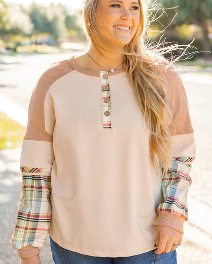 Parchment Plus Size Plaid Patchwork Layered Henley Top