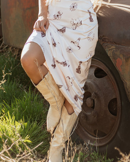 Beige Western Print Satin Long Skirt