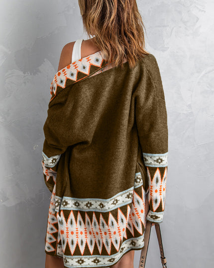 Brown Aztec Print Open Front Knitted Cardigan