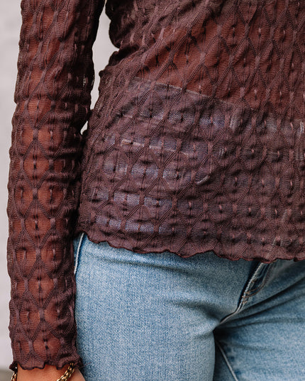 Coffee Sheer Mesh Patterned Lettuce Trim Slim Long Sleeve Top