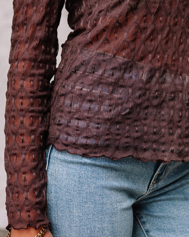 Coffee Sheer Mesh Patterned Lettuce Trim Slim Long Sleeve Top