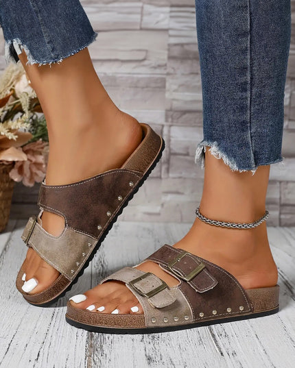 Coffee Leopard Two-tone Retro Buckle Straps Hollowed Faux Suede Slippers