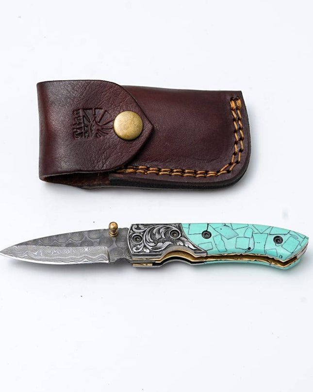Turquoise Damascus Folding Knife – Hand Engraved Bolster Edition