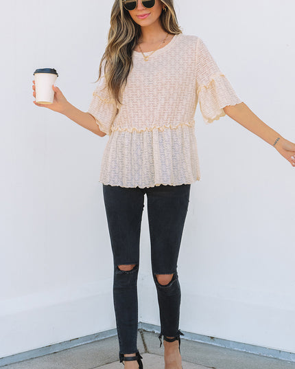 Beige Solid Color Textured Ruffled Short Sleeve Blouse