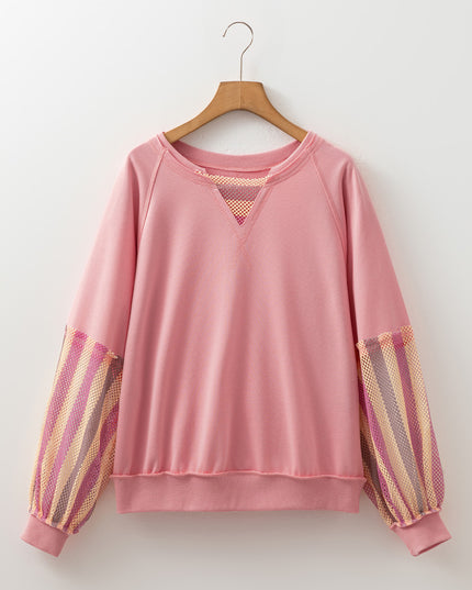 Blossom Striped Mesh Sleeve Patchwork Exposed Seam Casual Pullover Top