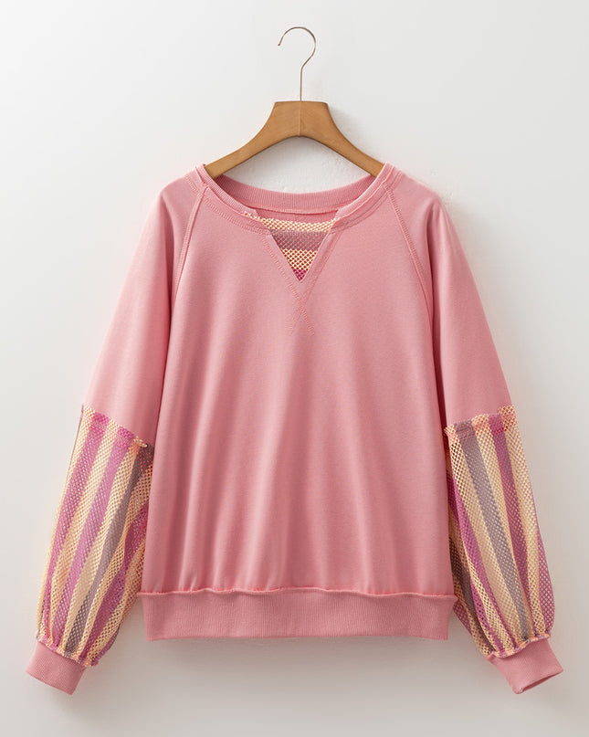 Blossom Striped Mesh Sleeve Patchwork Exposed Seam Casual Pullover Top