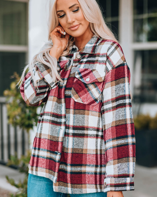 Fiery Red Geometric Plaid Print Pocketed Shacket