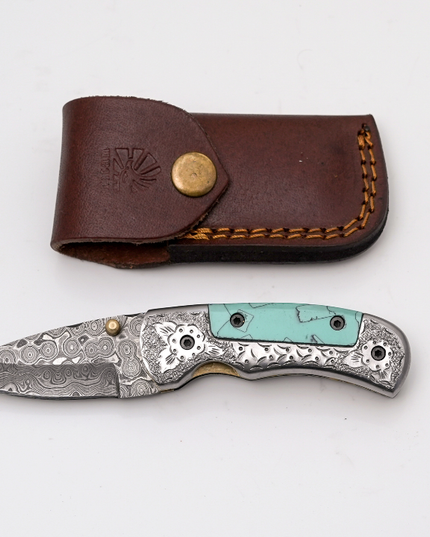 Hand-Forged Damascus Folder | Turquoise Handle, Engraved Bolster & Intricate Scrollwork