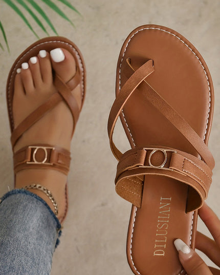 Chestnut Cross Toe Metal Buckle Leathered Flat Slippers