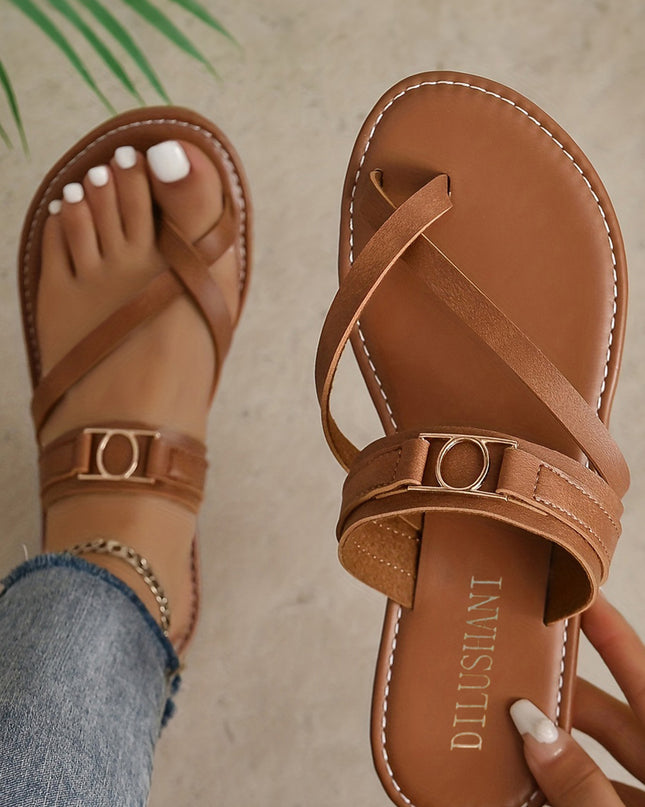 Chestnut Cross Toe Metal Buckle Leathered Flat Slippers