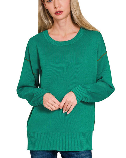 0805 Round Neck Contrast Trim Sweater SI-28343 Zenana