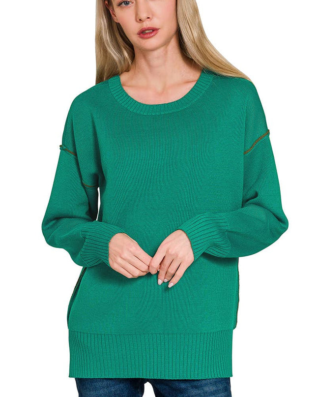 0805 Round Neck Contrast Trim Sweater SI-28343 Zenana