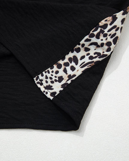 Black Plus Size Leopard Patchwork Round Neck Loose Tee