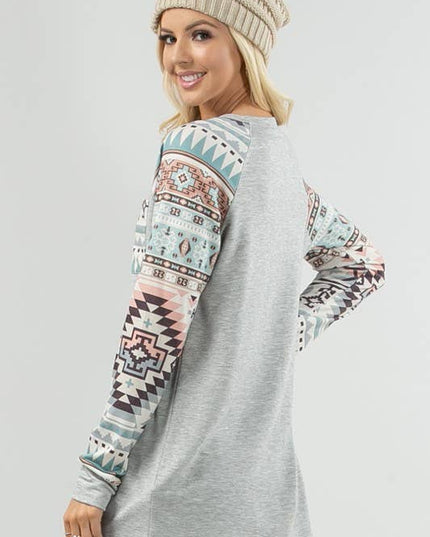 KC013B-SIMONE AZTEC PRINT COLOR BLOCK RAGLAN TOP