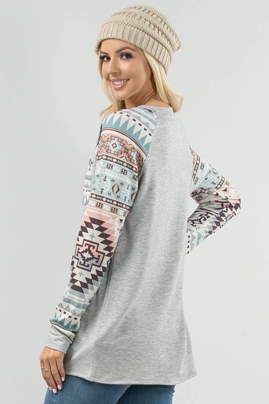 KC013B-SIMONE AZTEC PRINT COLOR BLOCK RAGLAN TOP