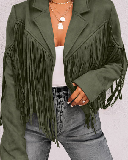 Green Cropped Fringe Faux Suede Jacket
