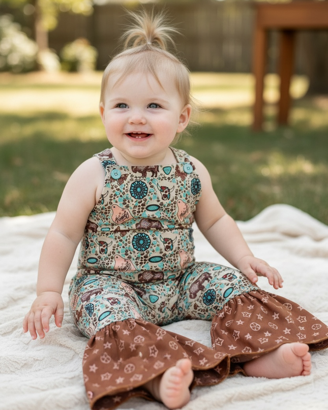 Concho & cow tag printed baby romper. SR101506-AMY