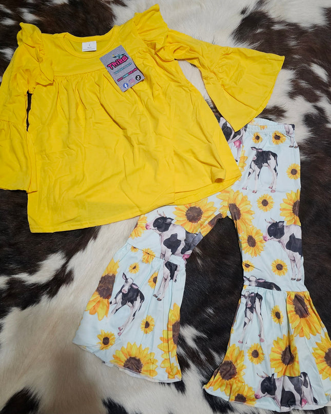 Western Style Yellow Shirt and Cow/Sunflower pants