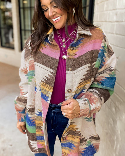 White Aztec Print Button Up Shacket