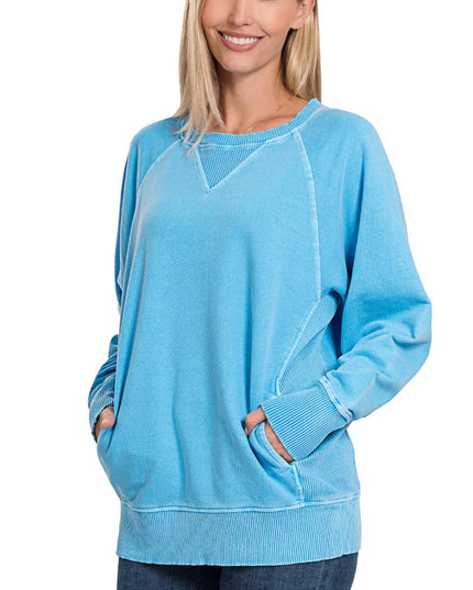 `Washed French Terry Pullover With Side Pockets Zenana