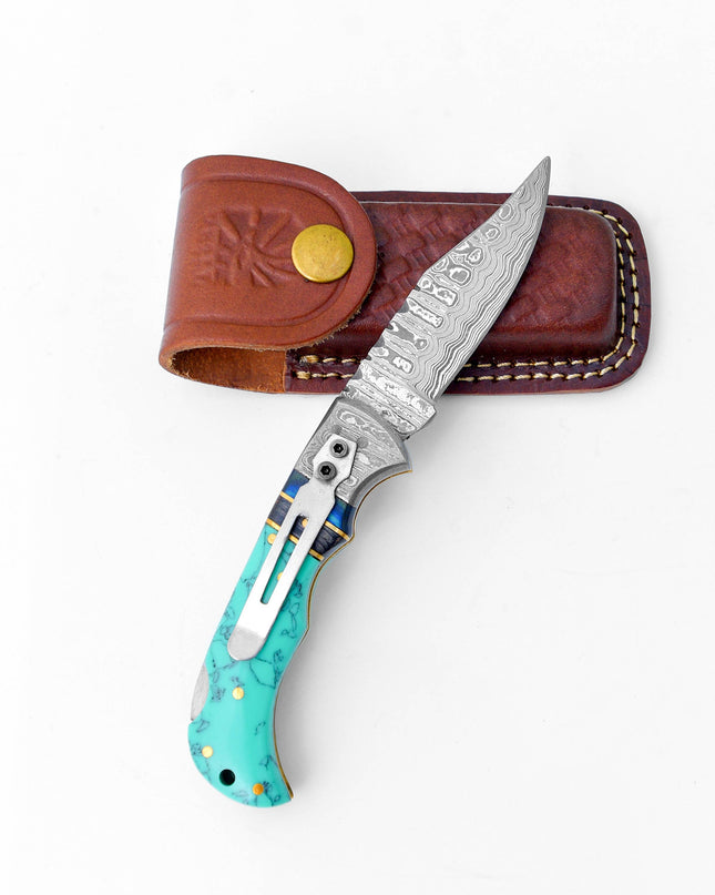 Damascus steel pocket knife Limited Run Turquoise Resin TF-059