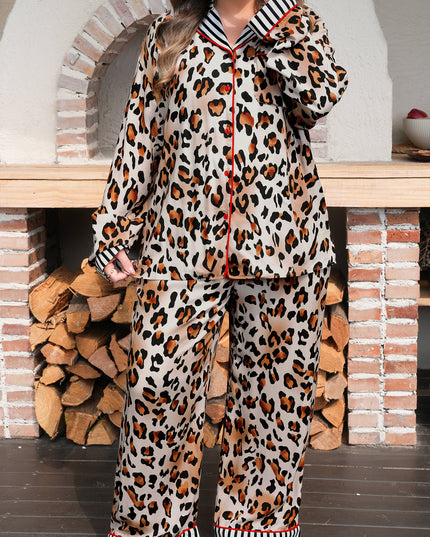 Khaki Plus Leopard Print Contrast Piping Striped Patchwork 2pcs Long Pajama Set