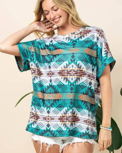 AT1291-MARTHA AZTEC PRINT FOLDED SLEEVE THERMAL TOP