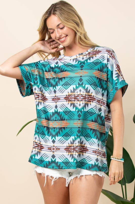 AT1291-MARTHA AZTEC PRINT FOLDED SLEEVE THERMAL TOP
