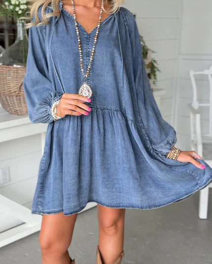Myosotis Puff Sleeve V Neck Ruffled Loose Denim Mini Dress