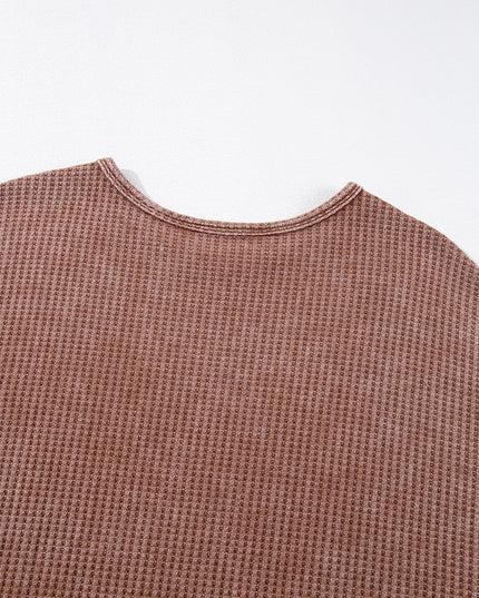 Coffee Waffle Knit Fringed High Low Loose Top