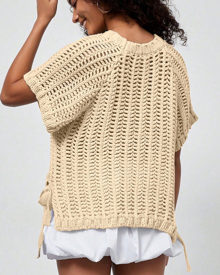 Pink Plus Size Open Knit Bow Tie Short Sleeve Sweater