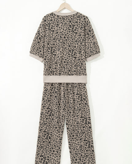 Khaki Jacquard Leopard Half Sleeve Jumper Wide Leg Pant Set