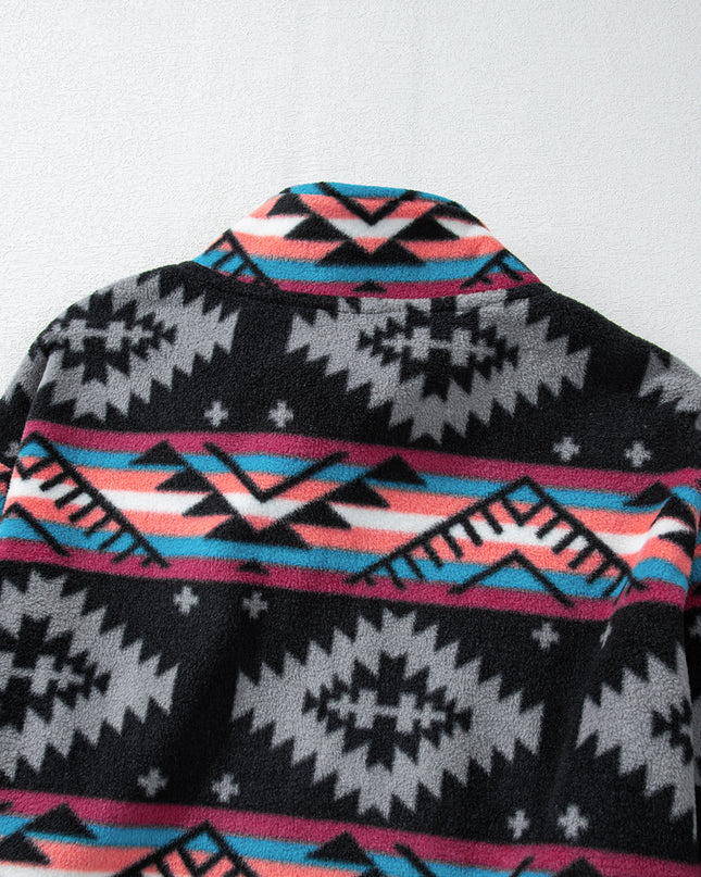 Black Aztec Printed Zip Up Collar Jacket